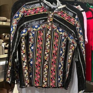 Alice + Olivia Black Embroidered Floral Stripe Blouse